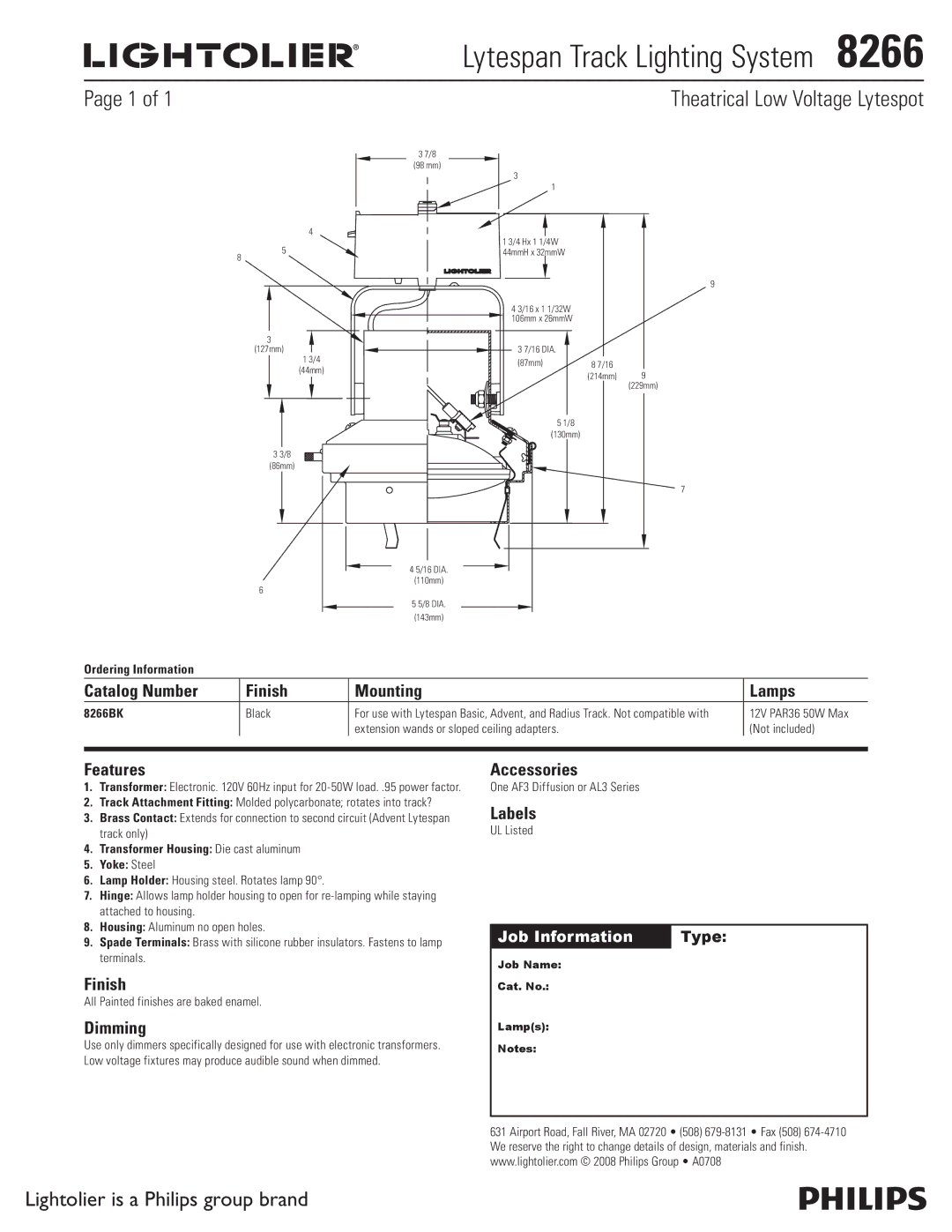 Lightolier 8266 manual Lytespan Track Lighting System , Theatrical Low Voltage Lytespot 